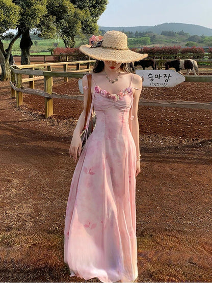 French Retro Chiffon Midi Dress Light Pink Printed Sleeveless Dress Beach Summer