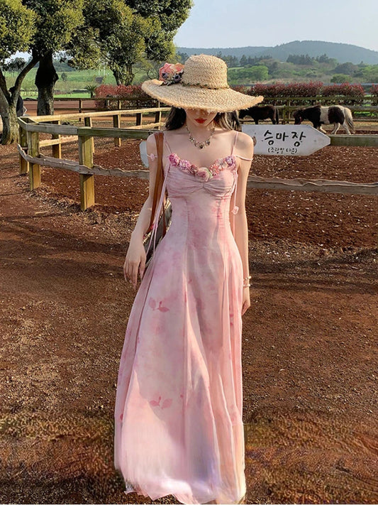 French Retro Chiffon Midi Dress Light Pink Printed Sleeveless Dress Beach Summer
