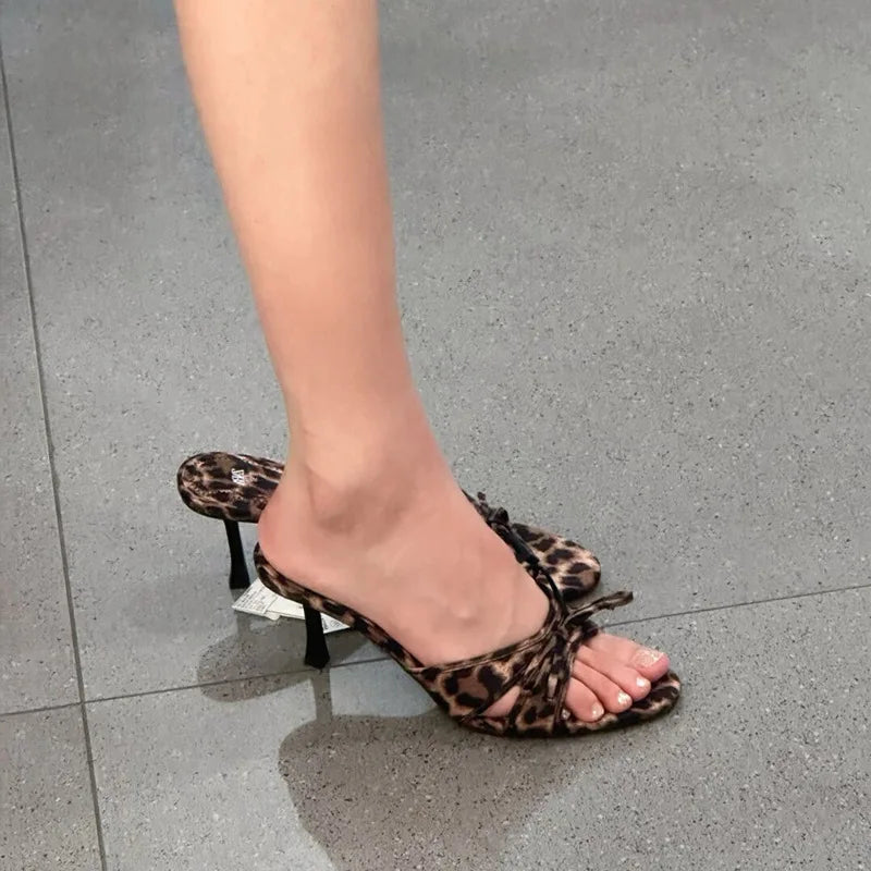 Summers Leopard Slippers Shoes Street Style Open Toe High Heel Slides