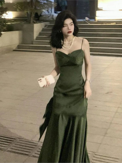 French Highend Design Sling Backless Waist Slimfit Bag Hip Pleated Bow Fishtail Long Dress Banquet Evening Dress