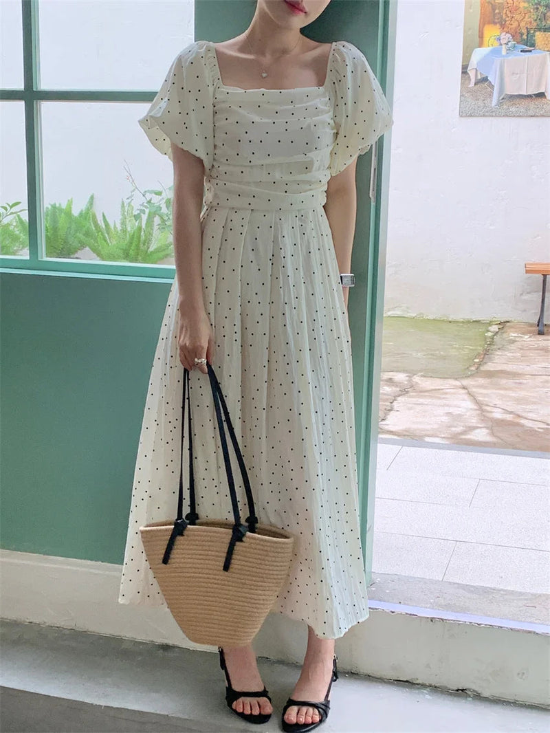 Summer New Polka Dots Maxi Dress Daily Sweet Short Puff Sleeve Office Lady Gentle Vacation