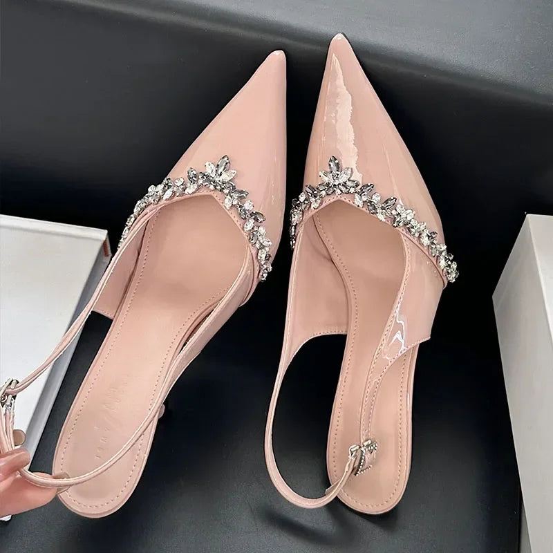 Crystal Pointed Toe High Heels Party Dress Shoes Brand Slingbacks Sandals Pumps