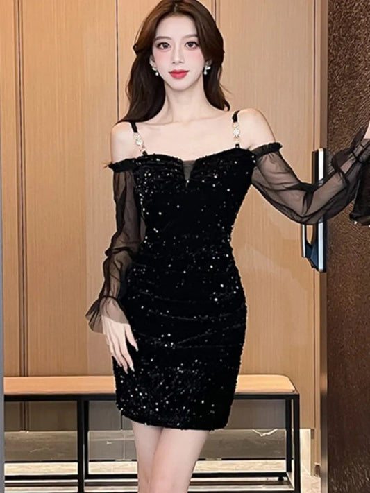 Sequins Velvet Dresses Korean Off Shoulder Slash Neck Slim Evening Party Mini Dress Female Short Vestidos Clothes