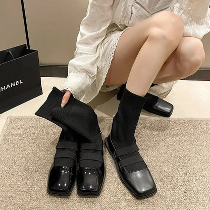 New Stylish Square Toe Knitted Sock Boots Autumn Winter Platform Boots Black Patent Leather Punk Goth Shoes
