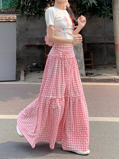 Color Blocking Plaid Design Skirt Summer New Elastic Waist Long Skirt Korean Pastoral Style Aline Skirt