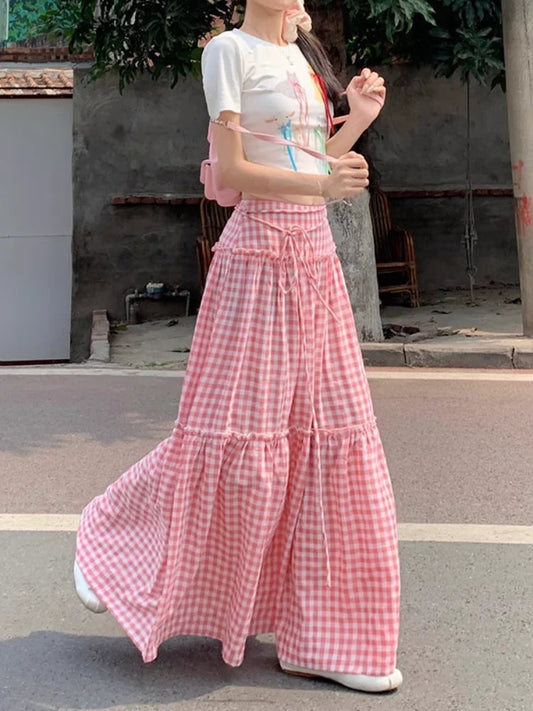Color Blocking Plaid Design Skirt Summer New Elastic Waist Long Skirt Korean Pastoral Style Aline Skirt