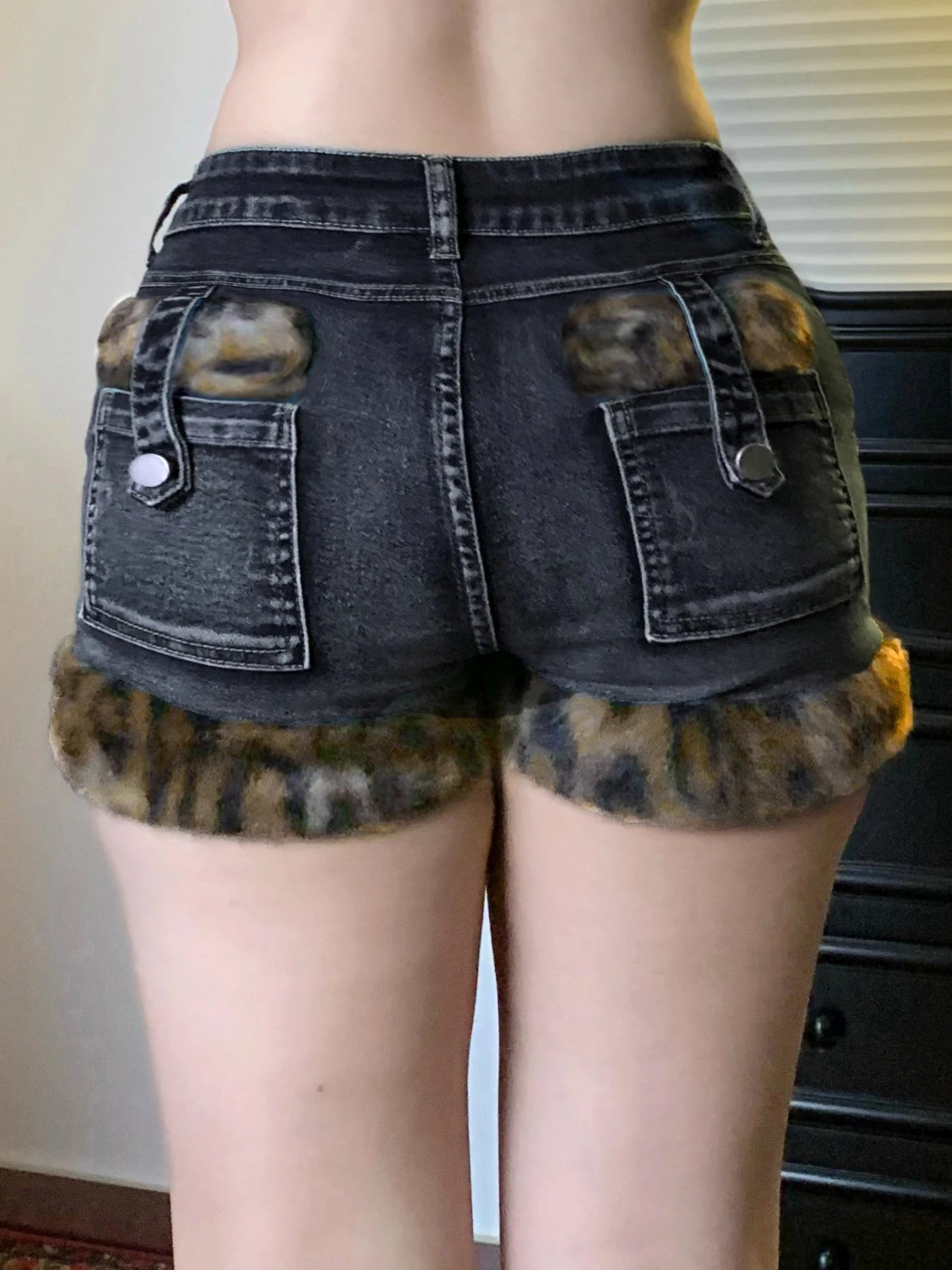 Y2k Leopard Faux Fur Spliced Jean Shorts Street Shorts Retro Exquisite