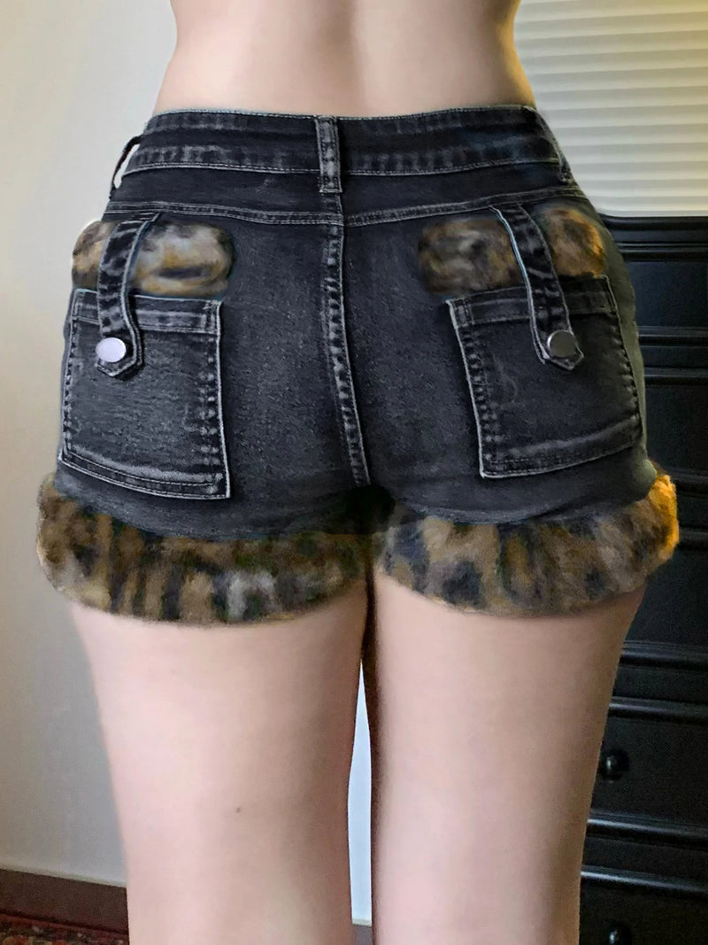 Y2k Leopard Faux Fur Spliced Jean Shorts Street Shorts Retro Exquisite