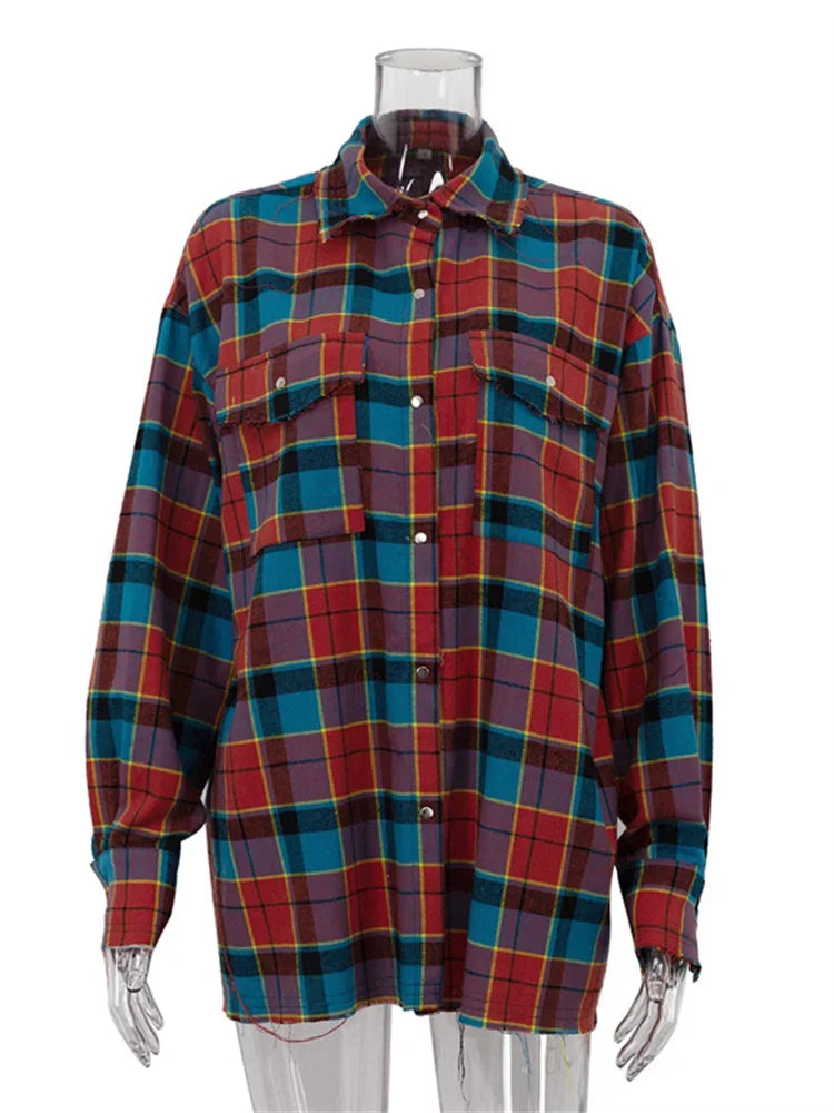 Patchwork Loose Shirts Female Patchwork Pocket Long Sleeve Contrast Autumn Outwear ’s Shirts Tee