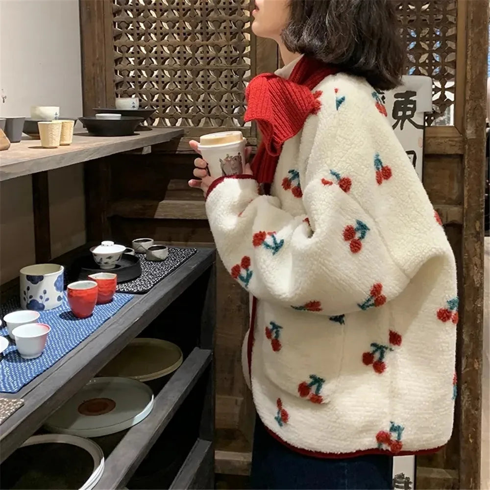 Sweet Jacket Lambswool Cherry Print Oversized Outwear Y2k Clothes Thicked Coat Kawaii Ropa Mujer