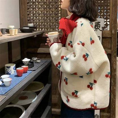Sweet Jacket Lambswool Cherry Print Oversized Outwear Y2k Clothes Thicked Coat Kawaii Ropa Mujer