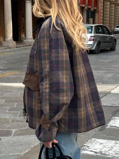Plaid Printed Jacket Patchwork Turn Down Collar Single Breasted Female Coat Autumn Long Sleeve Zipper Outwear