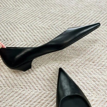 Pointed Toe Leather Flat Shoes Tapered Low Heel Pumps Black Shallow Mouth Design Comfort Office Shoe for