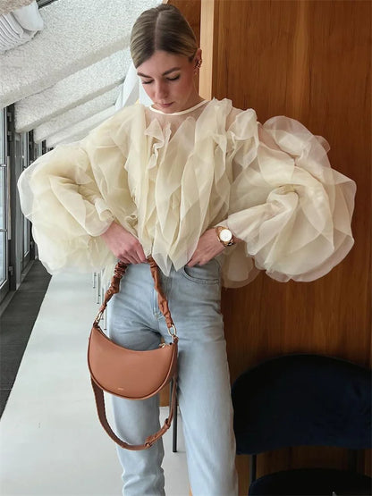Patchwork Ruffled White Shirts for High Waist Long Sleeve Blouse Top