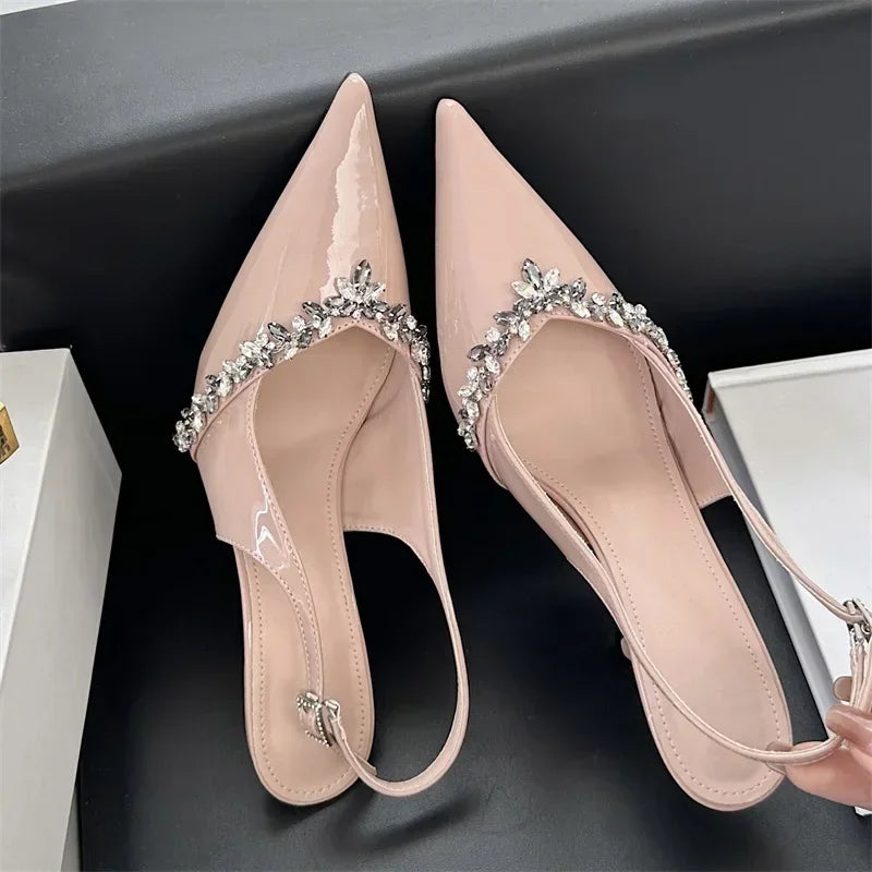 Rhinestone Buckle Strap Pumps Pointed Toe Thin High Heels Slingbacks Heels Sandals Party Prom Shoes
