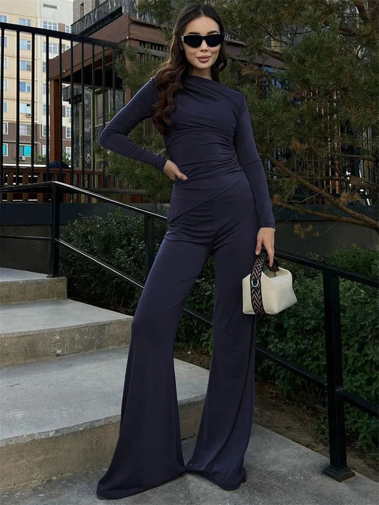Autumn 2 Piece-set Female Flared Pants Slim Pleated Long Sleeve Outfits ’s Pants Sets