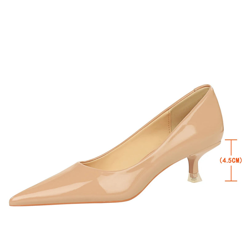 Patent Leather Mid Heel Shoes Spring New Kitten Heels 4.5 Cm Pointed Shoes Pumps Occupational Ol Office Heels