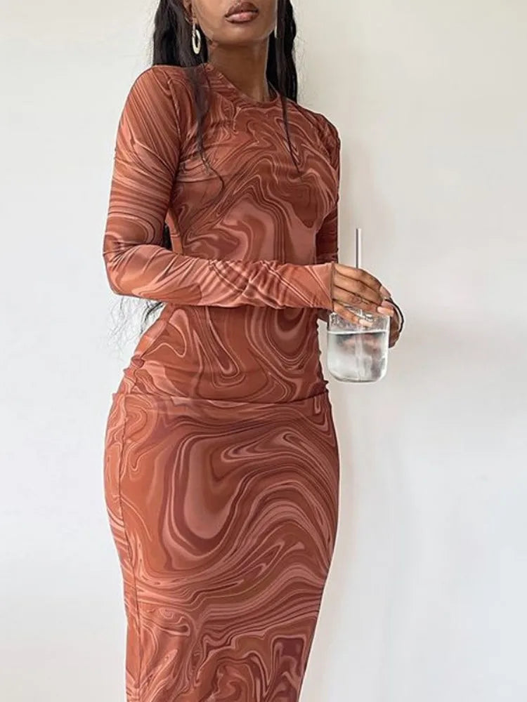 Bodycon Long Dresses for One Piece Club Outfit Evening Party Clothes O-neck Mid Calf Vestidoes De Mujer