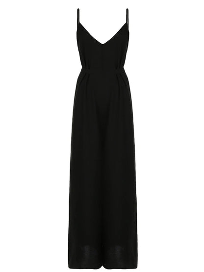 Sleeveless V Neck Loose Black Jumpsuits for Backless Vacation Wide Leg Rompers Spaghetti Strap Overalls