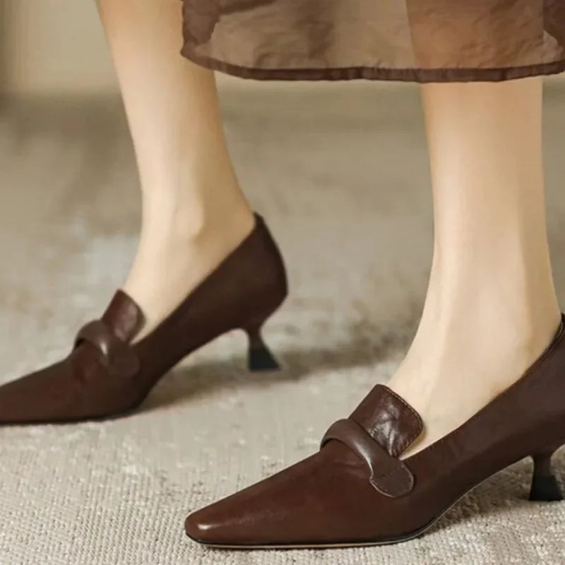 French Retro Temperament Lowheeled Shoes Spring New Leather Pointed High Heels Small Leather Shoes Large Size 43
