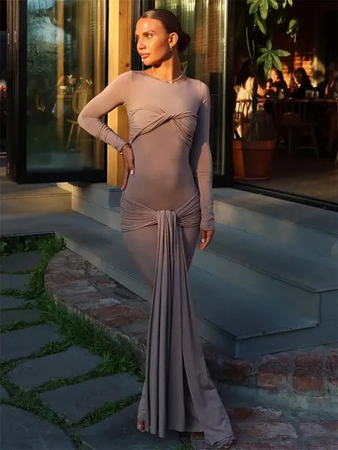 Female Pleated Maxi Dress Patchwork Twist Slim Long Sleeve Y2k Autumn Dress ’s Bodycon Dress