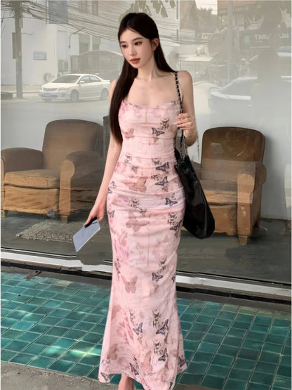 Bodycon Backless Bandage Long Dresses for Summer Printed Spaghetti Strap Laceup Party Dress Prom Vestidos