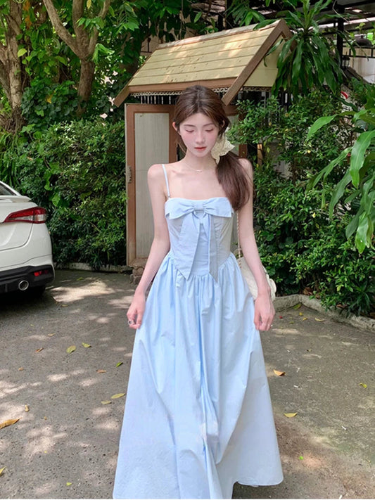 Japanese Midi Dress Sweet Strap Blue Bow Strapless Dress Beach Style One Piece Dress Korean Summer