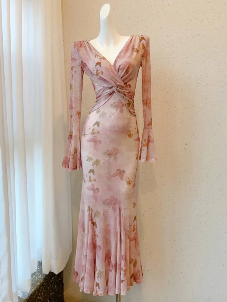 Mermaid Flare Sleeve Long Dresses Spring Summer Bodycon Pink Print Evening Club Vestidos Robe