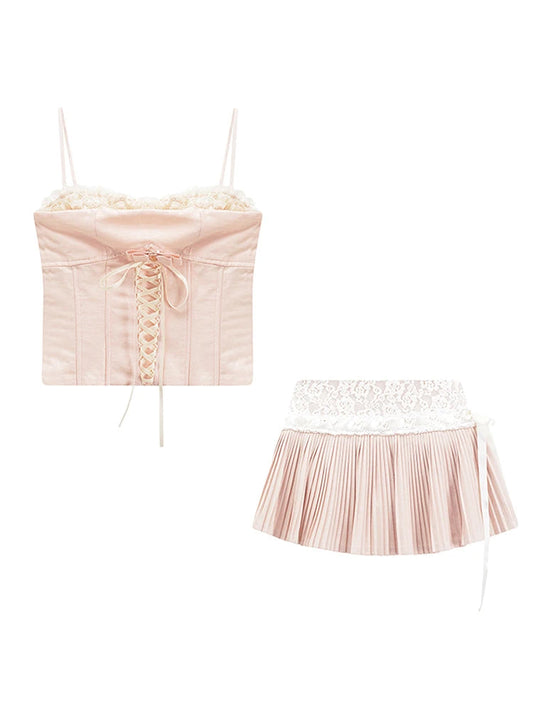 Y2k Coquette 2000s Aesthetic Ballet Core Rave Birthday Gyaru Outfits 2 Piece Set Camisole + Night Club Mini Pleated Skirts