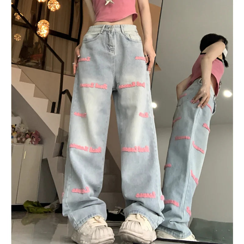 Letters Embroidery Loose Washed Jeans Summer New High Waist All Match Wide Leg Pants