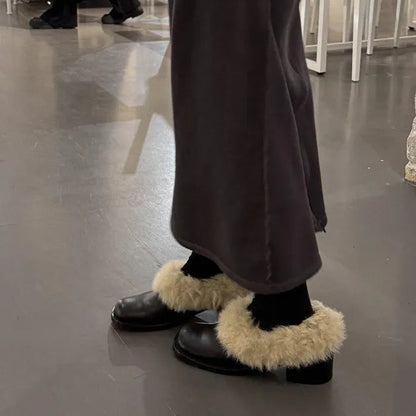 Autumn Winter New Square Toe Thick Heel Hairy Loafers Leather Korean Version Versatile Small Leather Shoes Cotton Shoes