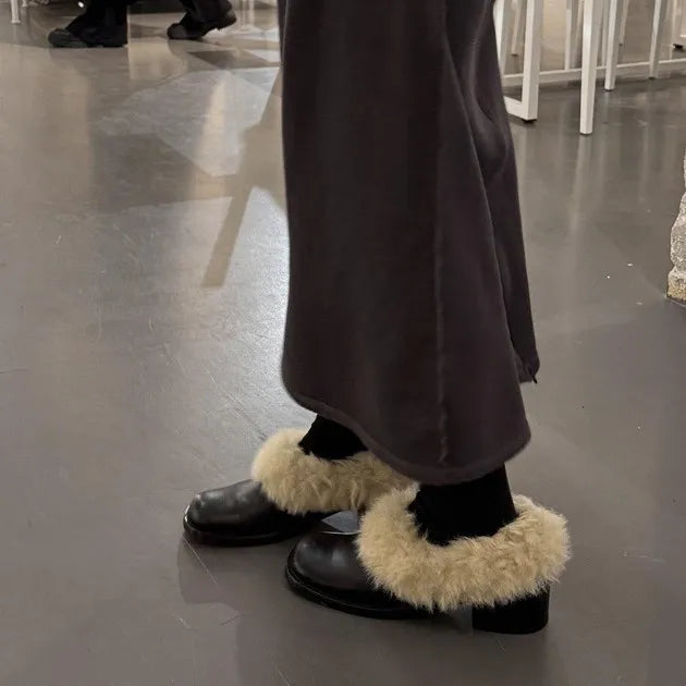 Autumn Winter New Square Toe Thick Heel Hairy Loafers Leather Korean Version Versatile Small Leather Shoes Cotton Shoes