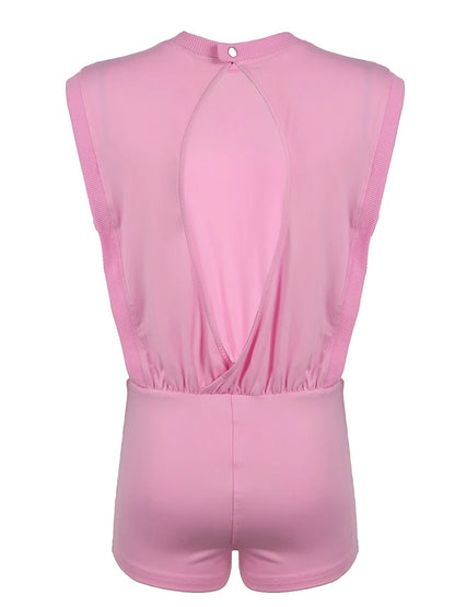 Hollow Out Back Sleeveless Blouse Rompers O Neck Simple Summer Vacation Beach Playsuits Pink