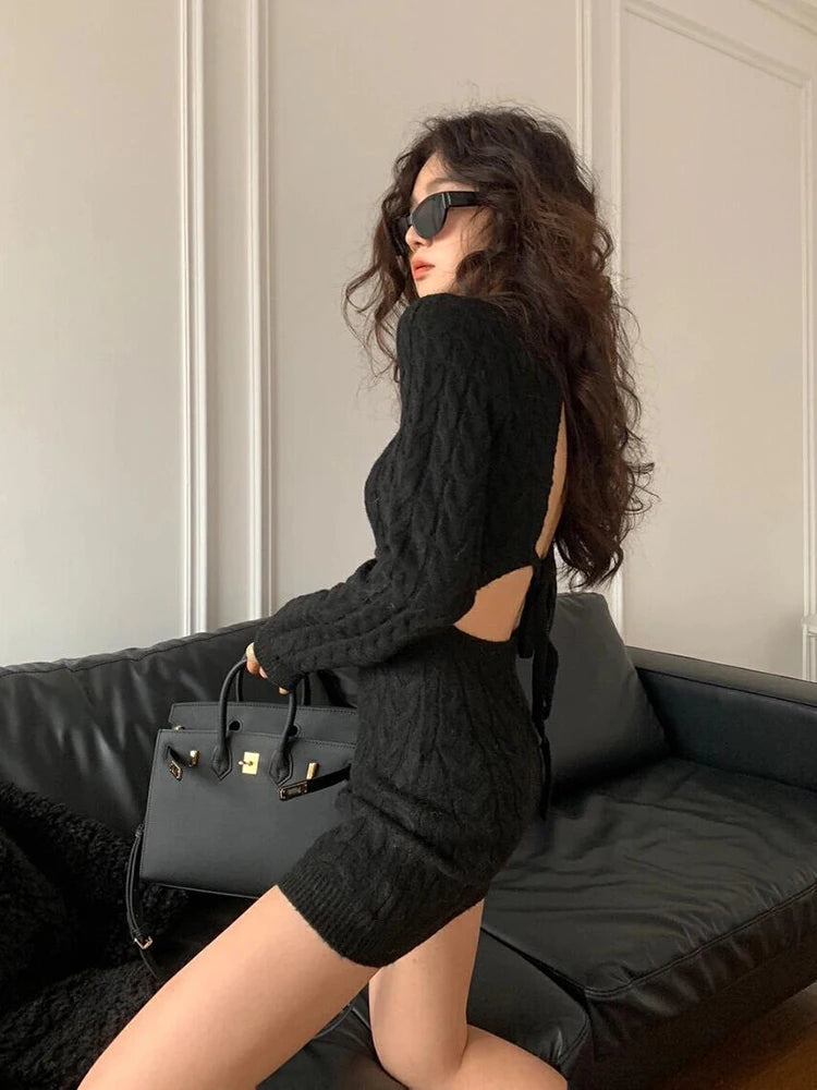 Open Back Cable Knit Mini Dress Plain Slim Turtleneck Long Sleeve Bodycon Onepiece Autumn Winter Clothes
