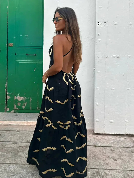 Backless Print Halter Maxi Dress Deep V-neck High Waist Split Dresses Summer Lady Loose High Street Robe