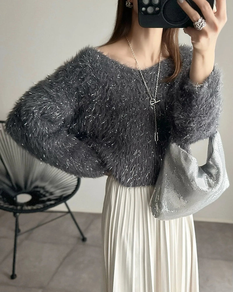 Sweet Hot Girl Vneck Sweater Longsleeved Bright Silk Knitted Pullover Female Clothes