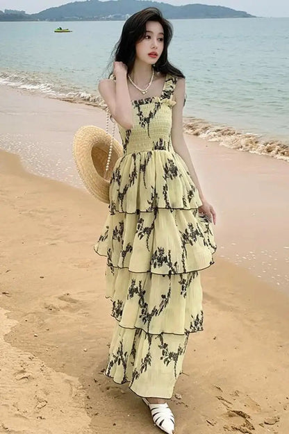 Retro Cascading Ruffles Flower Print Yellow Cake Midi Dresses New Summer Special Design Camisole Clothing Mujer