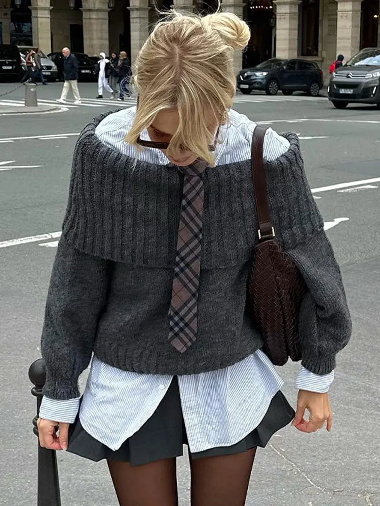 Off Shoulder Cropped Knitted Pullover Slash Neck Long Sleeve Female Sweater Autumn Lady Loose Jumpers Knit