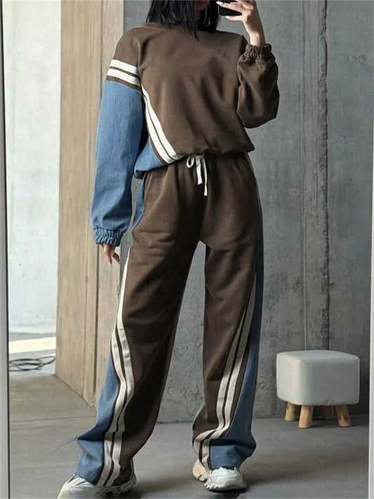 2 Piece-set Drawstring Trousers Contrast Lace-up Autumn Pullover and High Waist Pants Outfits Tracksuit