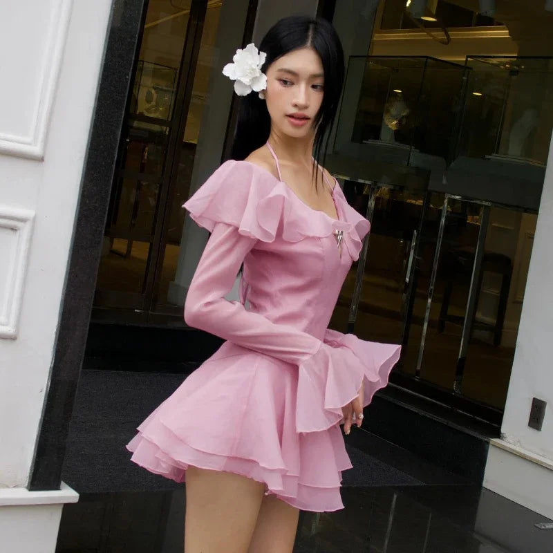 Y2k Pink Ruffles Halter Dress Off Shoulder Long Sleeve Slim a Line Mini Dresses Evening Party Vestidos