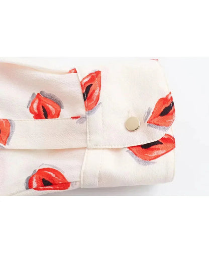 Summer Blouses Woman Lips Printed Lapel Long Sleeves Single Breasted Shirts Female Loose Shirt Top