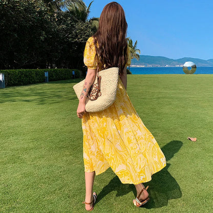 Summer Yellow Senior Sense Chiffon Vneck High Waist Thin Temperament Seaside Resort Long Dress