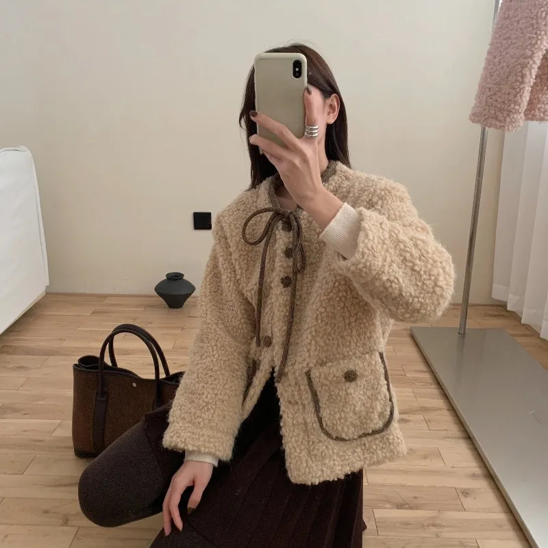 Sweet Hot Girl Oneck Doublesided Woolen Coat Autumn/winter Oneck Laceup Loose Coat Female Clothes