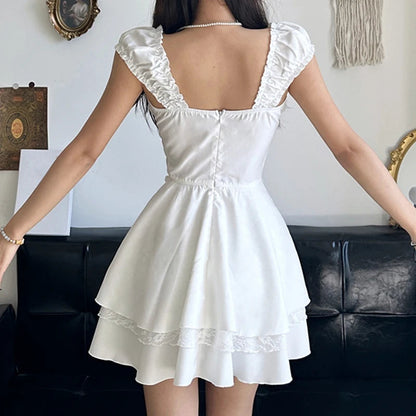 Y2k Contrast Bandage Bow Aline Mini Dress for Holiday Party Coquette Aesthetic Short Sleeve Tiered Dresses Sweet Robe