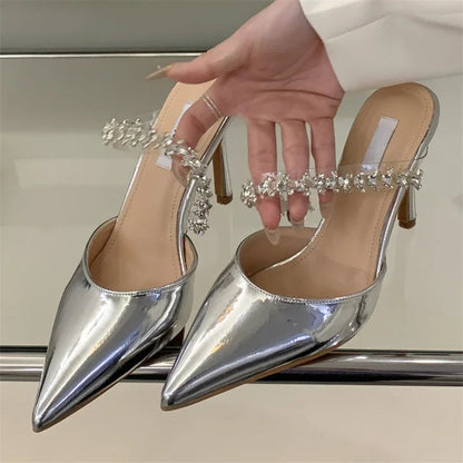 New Crystal Diamond Slipper Pointed Toe Thin Heels Dress Mules Shoes