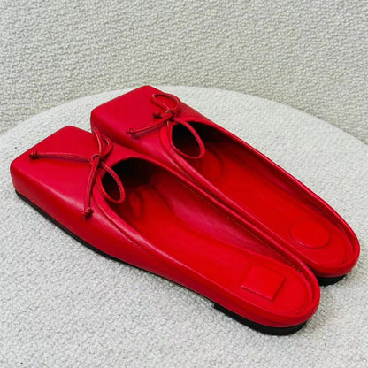 Summer Popular New Square Head Bow Flat Heel Slippers Flat Bag Head Cherry Red White Ballet Flats