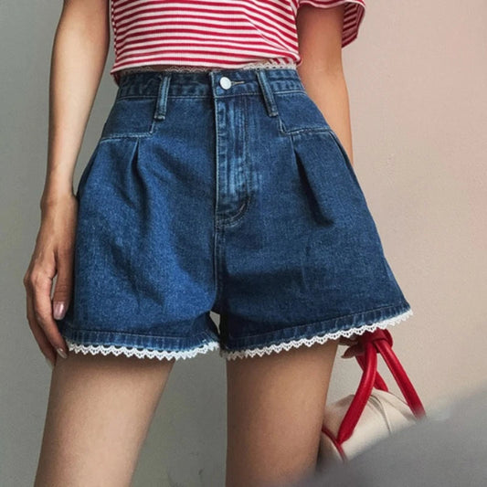 Spring Summer Lace Patchwork Denim Short Pants High Waist Loose Jeans Wide Leg Shorts for