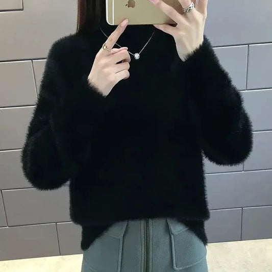 Winter Mink Faux Cashmere Thick Sweater Jumper White Pull Femme Loose Pullover Knitted Fluffy Sweaters for Winter
