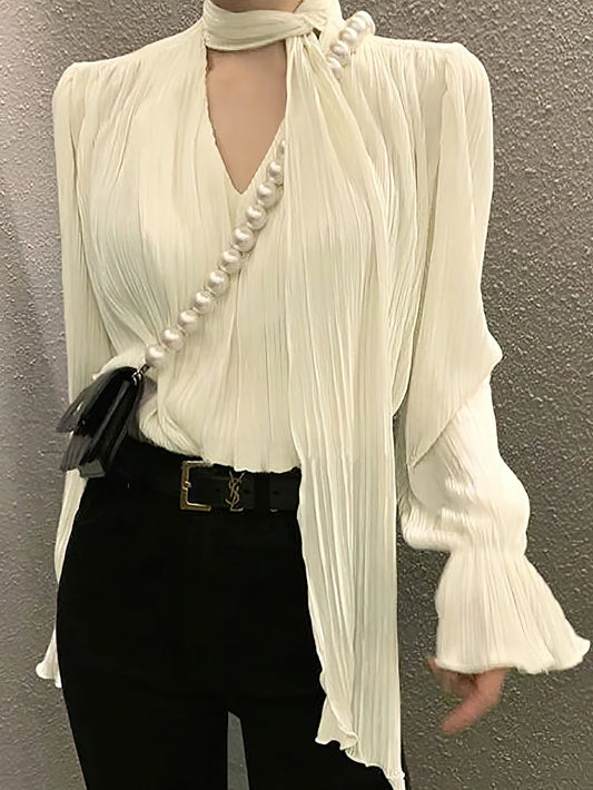 Pleated Long Sleeve Blouse With Ties Ruffle V Neck Basic Top Oversize Lady Office Wear Korean