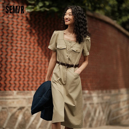 Dress Square Neck Split Midi Dress Summer New Salt-washed Utility Dress With Vibes